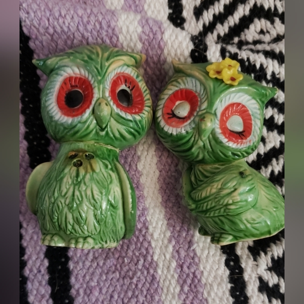 Vintage Green 1950s Owl Salt And Pepper Figurines